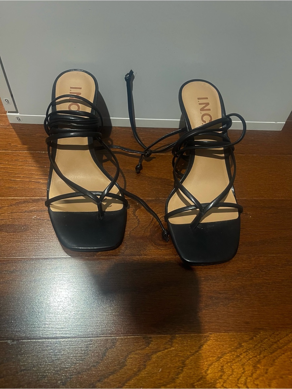 INC International Concepts Black Strappy Lace-Up Sandals with Square Toe